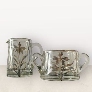 Antique Sugar & Open Creamer with Hand Painted Silver Overlay
